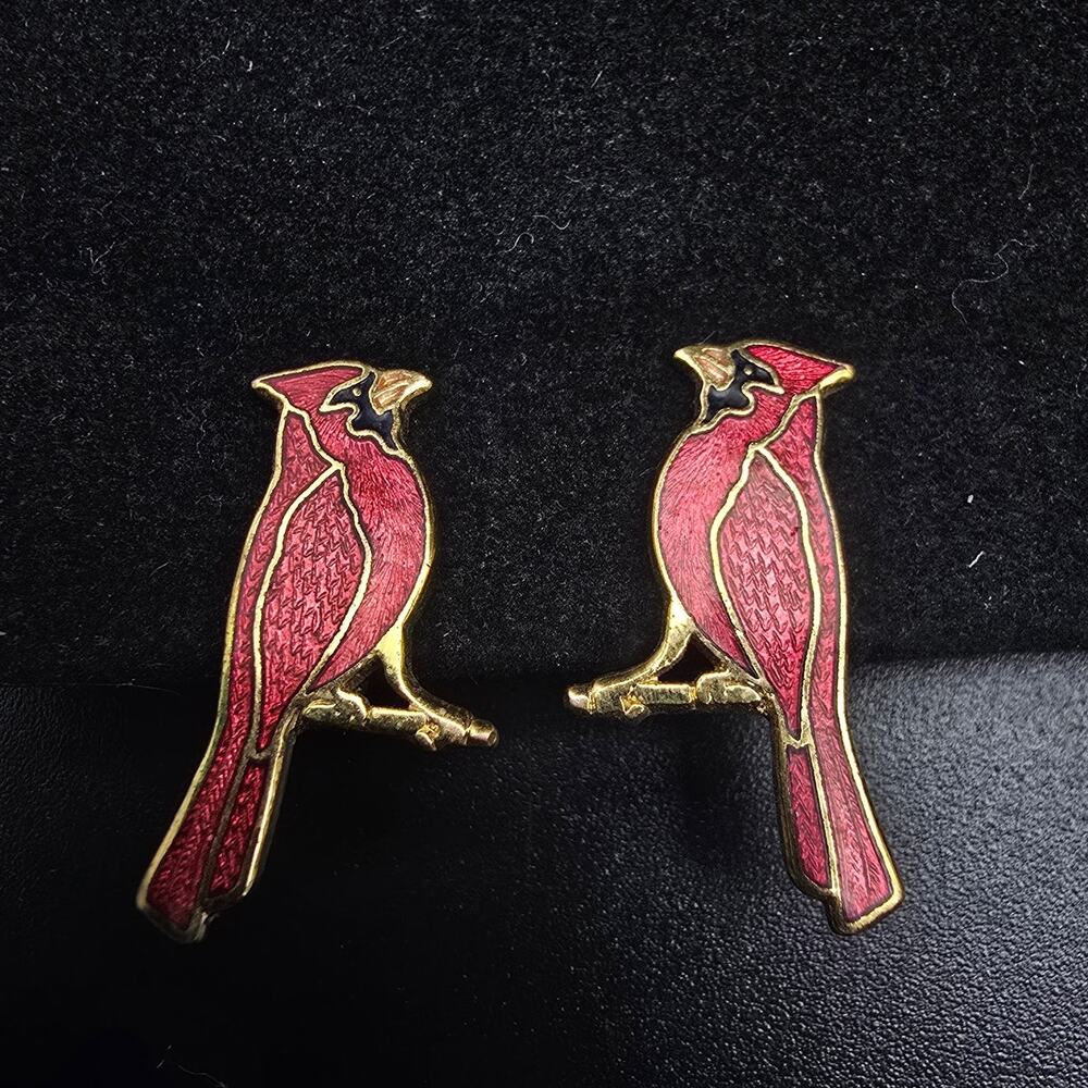Cloisonne Red Cardinal Bird Earrings Clip On Vintage Christmas Memorial Jewelry